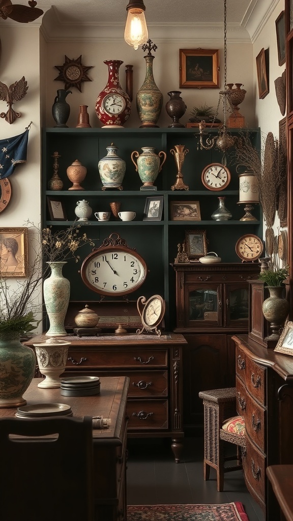 A vintage room filled with antique accessories and decor, showcasing various vases, clocks, and framed art.