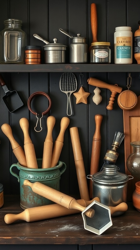 A collection of antique baking tools displayed on a dark kitchen shelf.