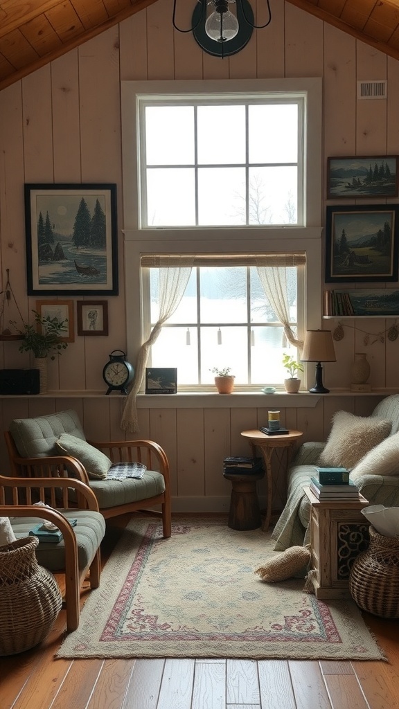 Cozy lake house interior with comfortable seating, art on the walls, and natural light.