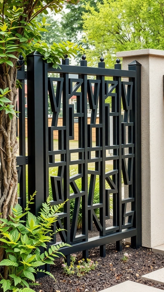 Artistic black metal panel fence surrounded by lush greenery