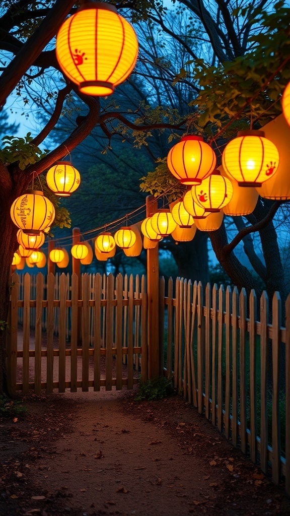 Wood fence adorned with hanging lanterns, creating a warm and inviting atmosphere.