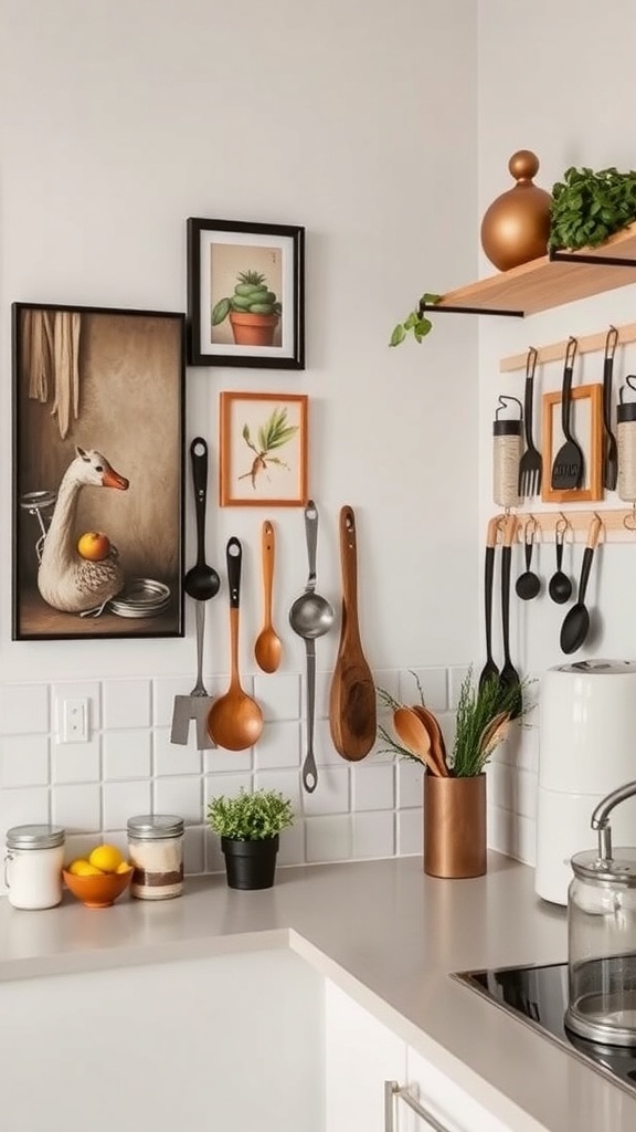 A cozy kitchen corner featuring artistic wall decor with framed pictures and hanging utensils.