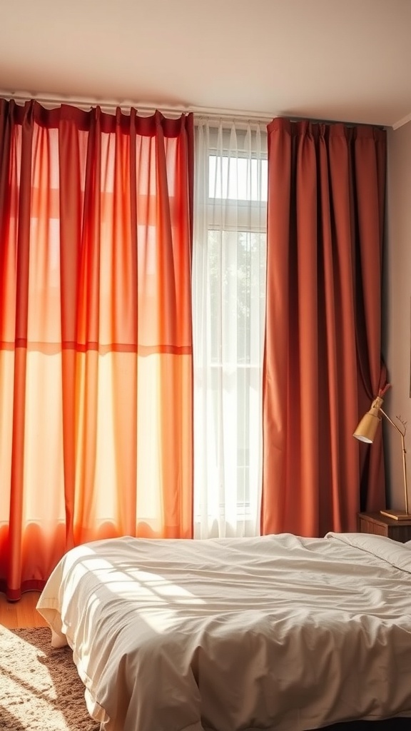 A cozy bedroom with autumn-inspired curtains in warm orange and red tones.