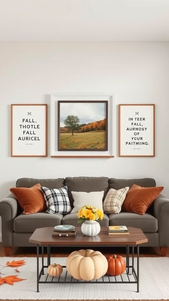 Cozy autumn-themed wall art displayed above a couch with pumpkins and decorative pillows.