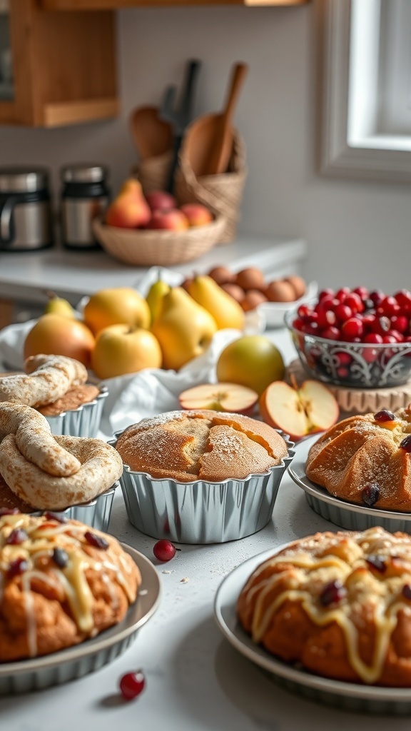 A cozy kitchen scene with baked goods and seasonal fruits like apples and pears.