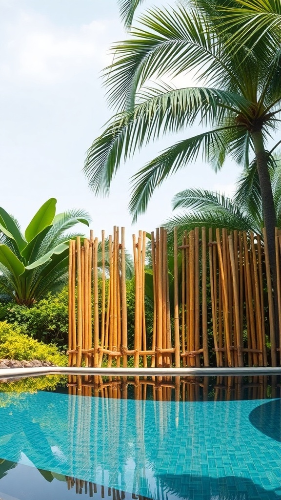 A serene pool area featuring bamboo fencing and lush greenery.
