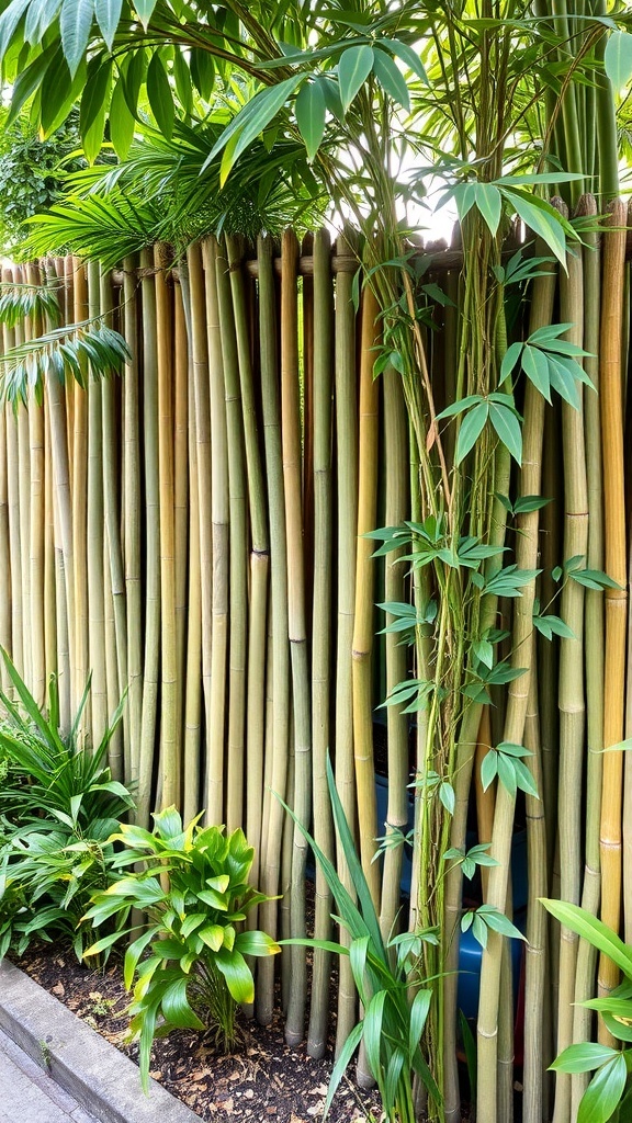 A bamboo fence surrounded by lush green plants.