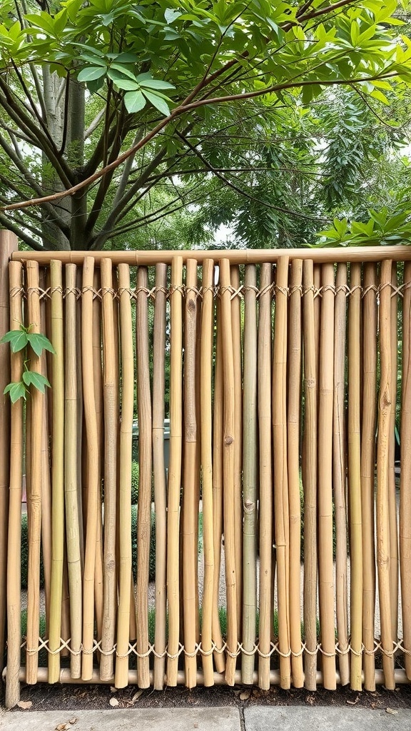 A bamboo privacy screen made of vertical bamboo poles, surrounded by greenery.