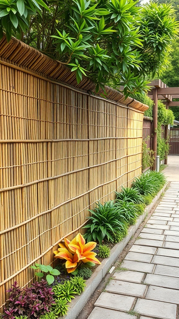 A bamboo roll fence with vibrant green plants and flowers along a pathway.