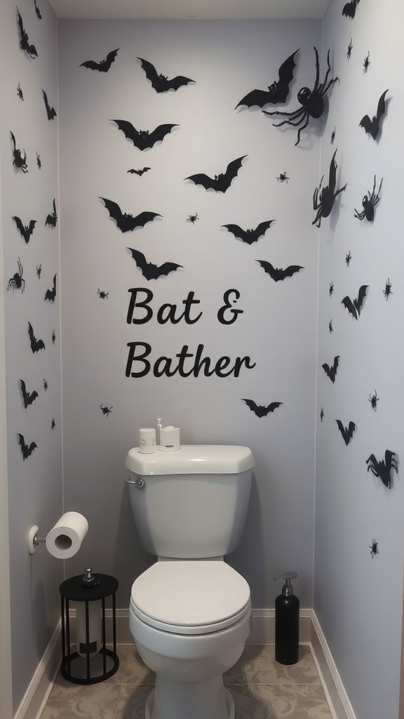 A bathroom decorated with bat and spider wall stickers, featuring the phrase 'Bat & Bather'.