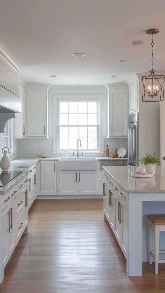 A bright and airy beach-inspired kitchen with white cabinets and wooden floors.
