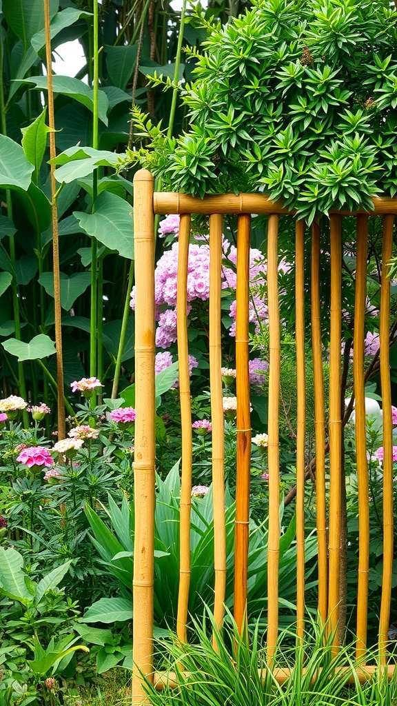 A bamboo fence surrounded by lush greenery and colorful flowers.