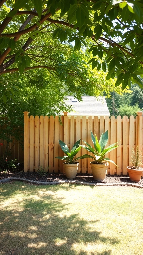 A wooden privacy fence with plants in pots, surrounded by greenery.