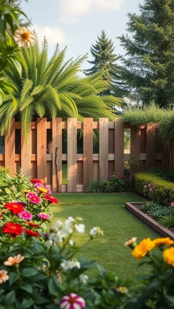 A beautiful garden featuring a pallet fence surrounded by colorful flowers.