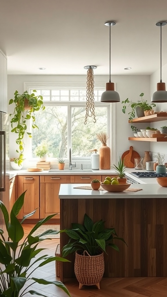 A bright kitchen with plants, wooden cabinets, and natural light.