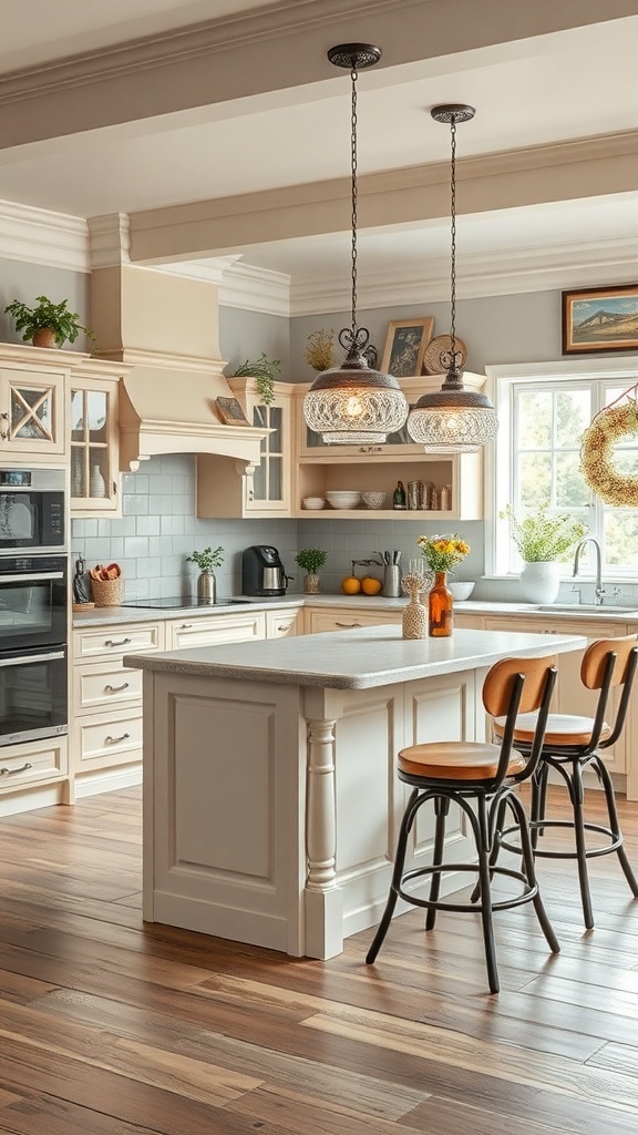 A cozy bistro-style kitchen island with bar stools, warm colors, and inviting decor.