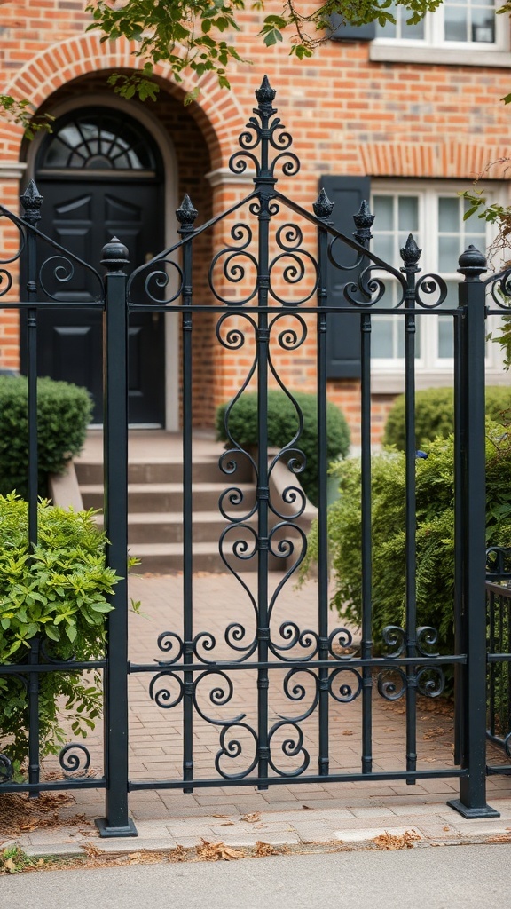 A decorative black wrought iron fence in front of a brick house with green bushes.