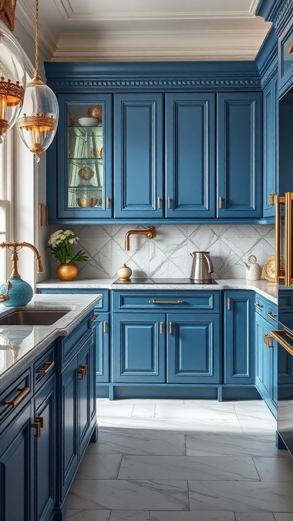 A stylish blue kitchen featuring gold accents in hardware and decor.