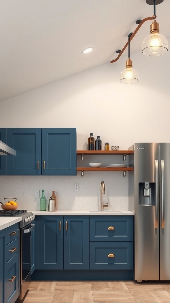 A modern kitchen featuring blue cabinets and gray accents.