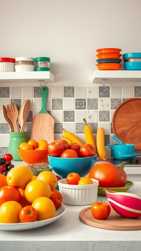 Colorful kitchen countertop with bowls of fruits and vibrant containers