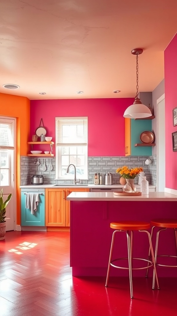 A vibrant kitchen featuring pink, teal, and orange colors with modern decor.
