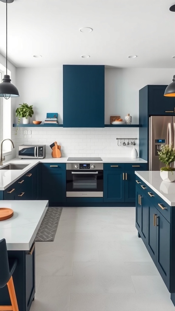 Modern kitchen with navy blue cabinets and gold accents.