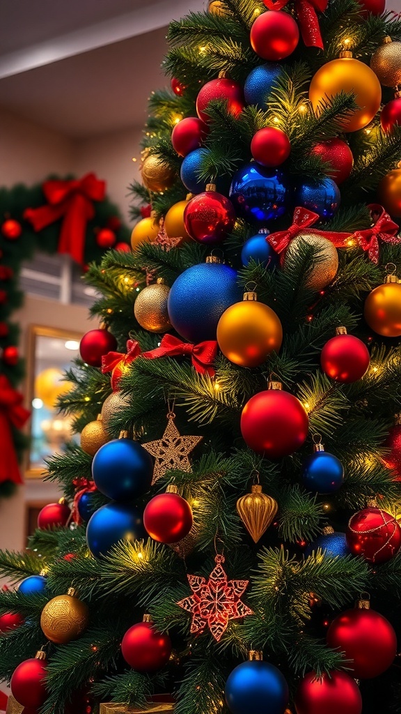 A Christmas tree decorated with bright red, blue, and gold ornaments.
