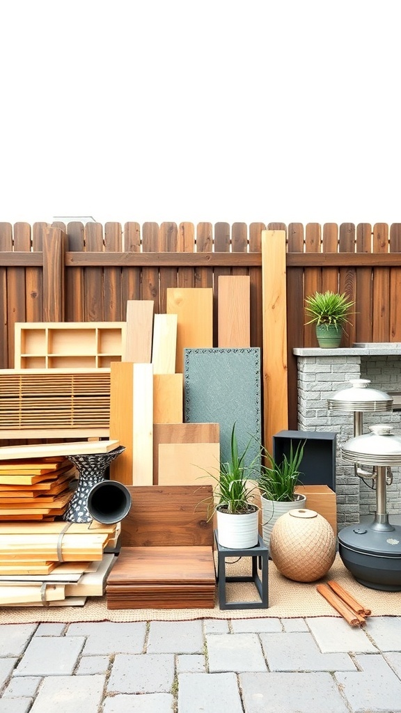A collection of various materials for constructing an outdoor kitchen, including wood planks, concrete blocks, and decorative items.