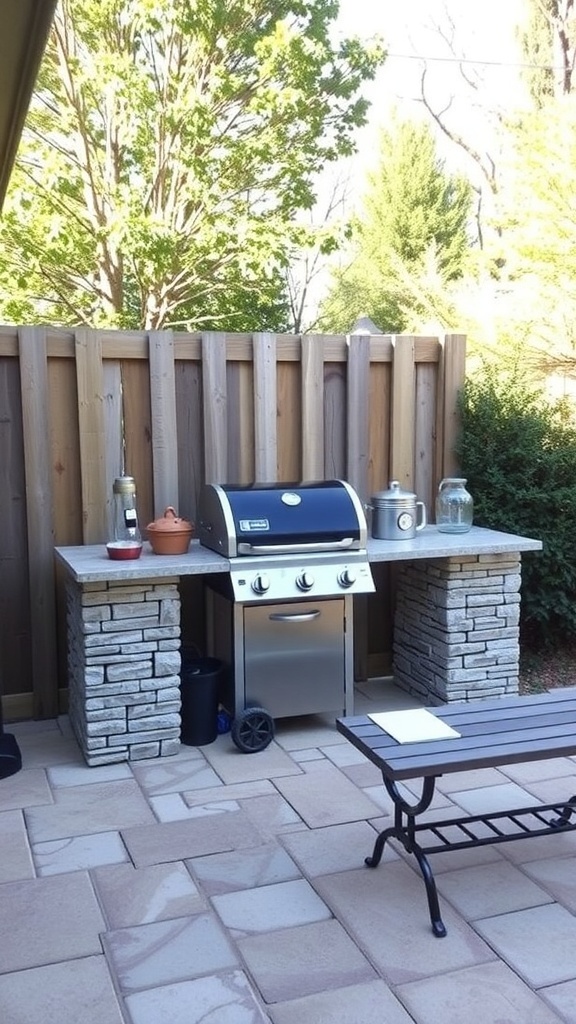 A simple outdoor grill station made of stone and wood with a grill and prep area.