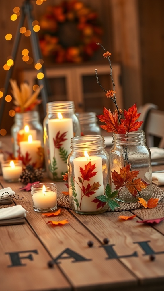 A table decorated with candlelit mason jars and fall leaves.