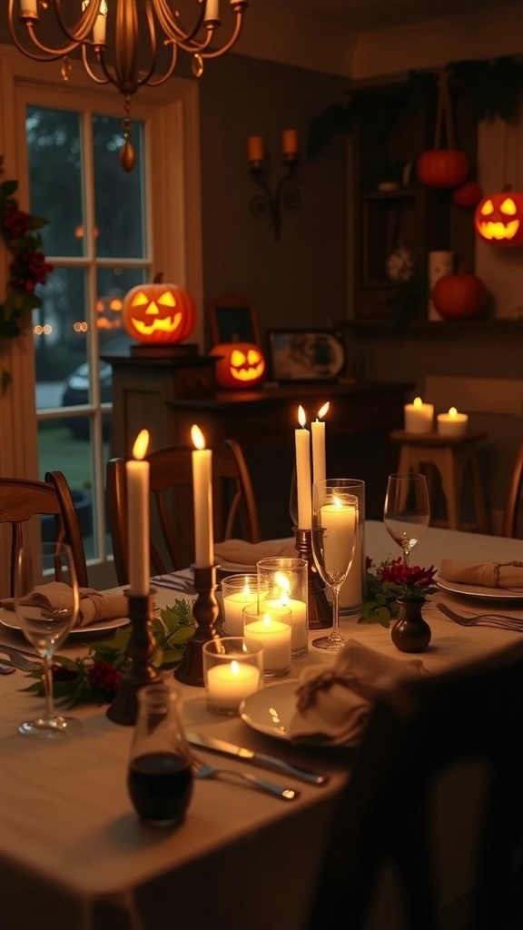 A cozy table setting featuring candles and pumpkin lanterns, creating a warm atmosphere.