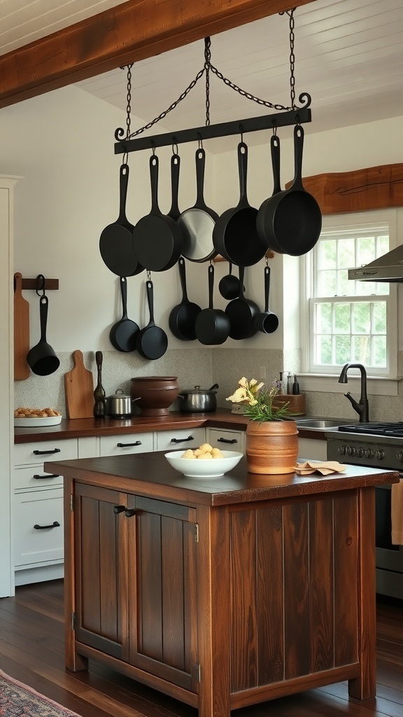 A cozy kitchen featuring a display of cast iron cookware hanging from a rack.