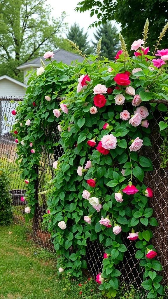 A chain link fence covered with climbing roses in various shades of pink and red.