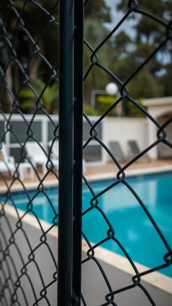 Close-up of a chain link fence surrounding a pool area.