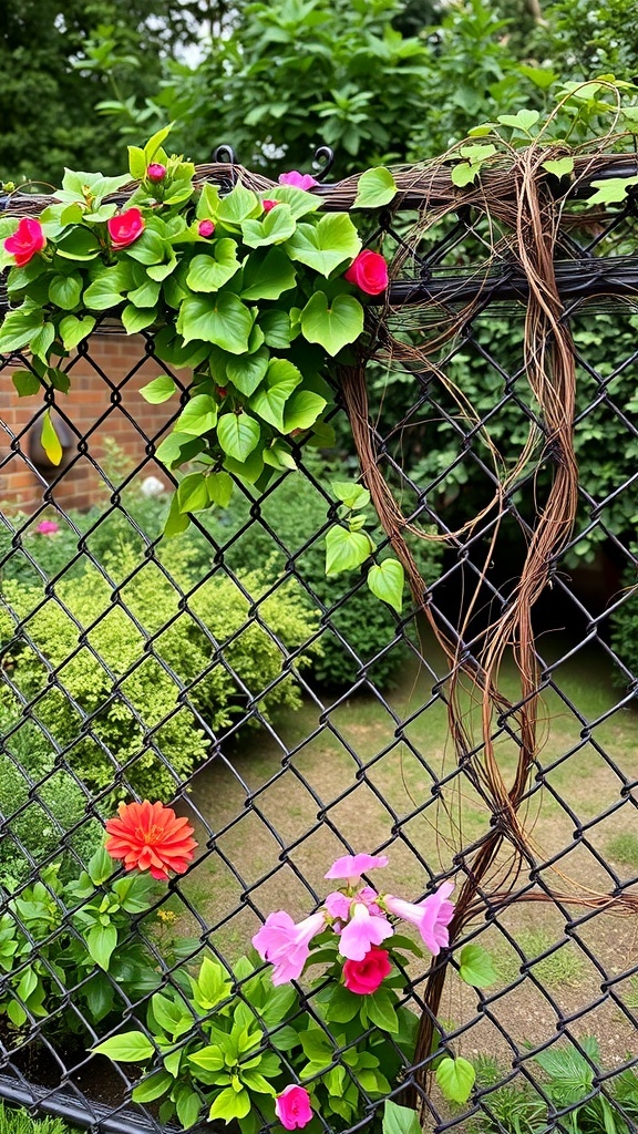 Decorative chain link fence with flowers and greenery