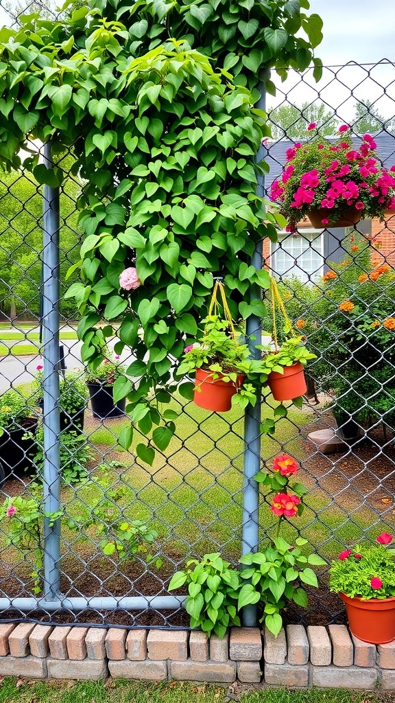 A decorative chain link fence adorned with green vines and colorful flower pots.