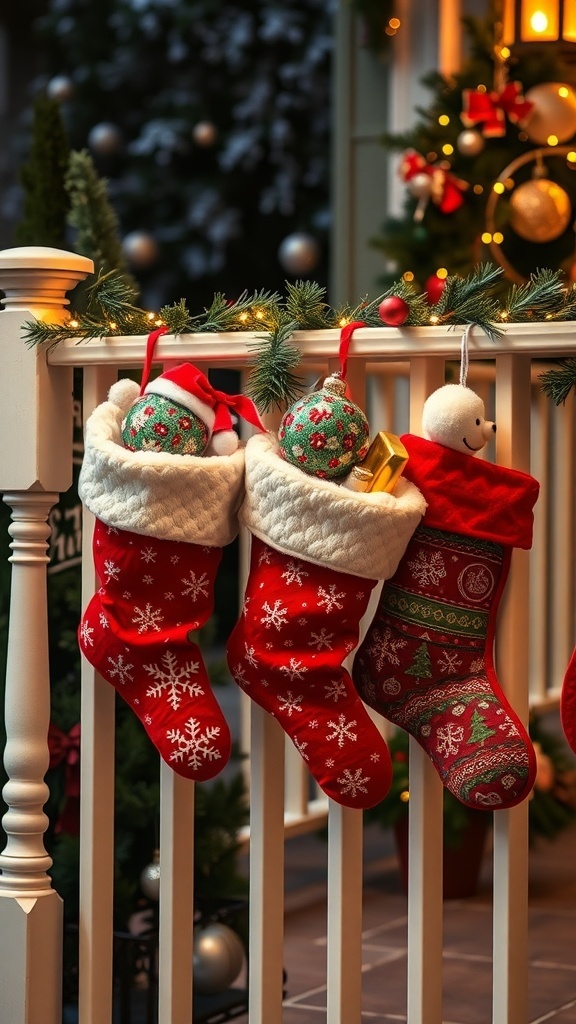 Colorful Christmas stockings hanging on a railing, decorated for the holiday season.