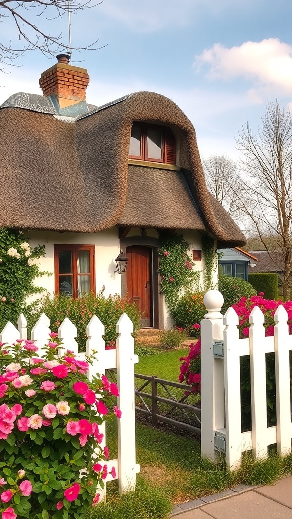 A charming cottage with a thatched roof, surrounded by colorful flowers and a white picket fence.