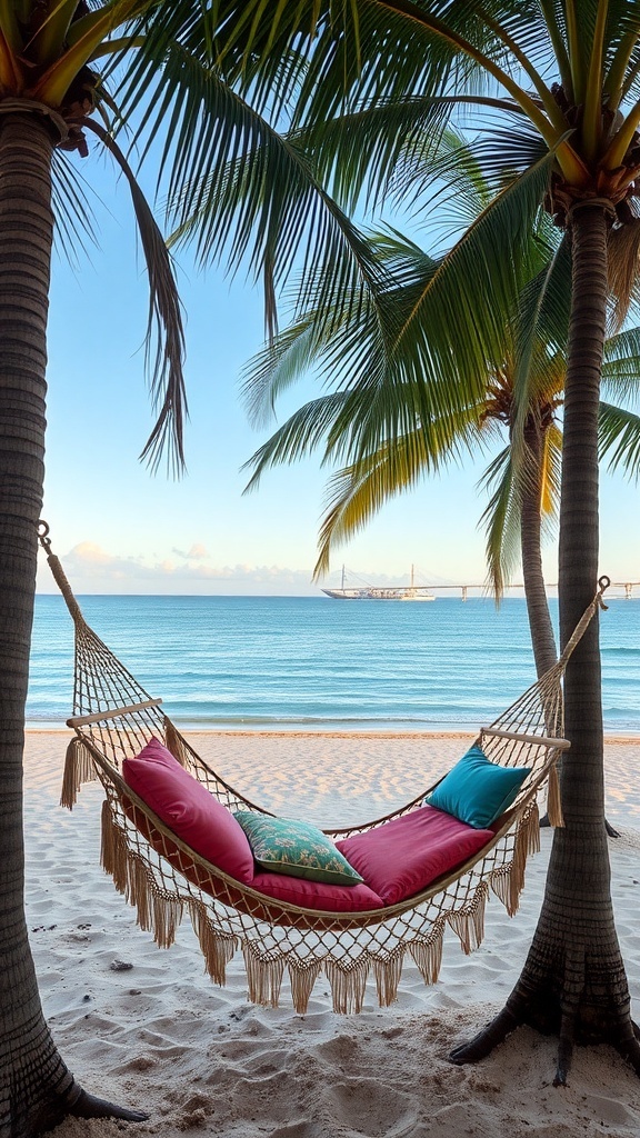 A cozy hammock between palm trees on a beach, with colorful cushions.