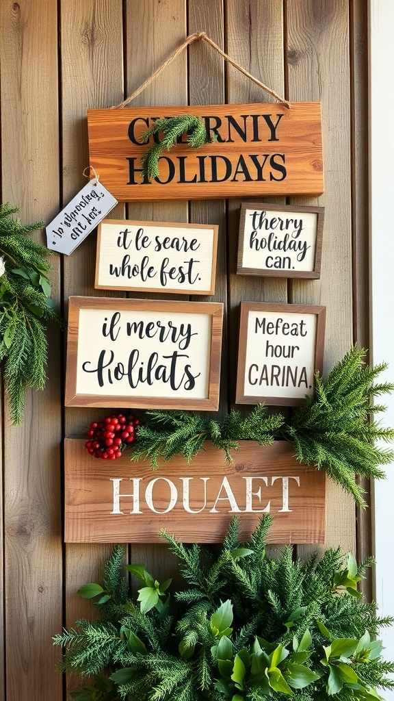 A collection of wooden holiday signs with festive phrases, surrounded by greenery.