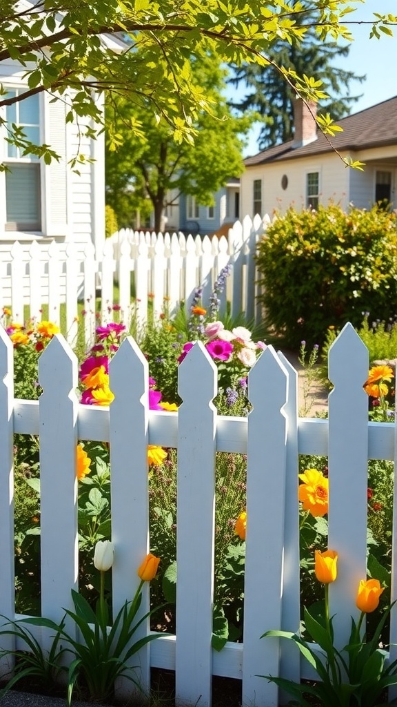 A charming white picket fence surrounding a colorful flower garden.