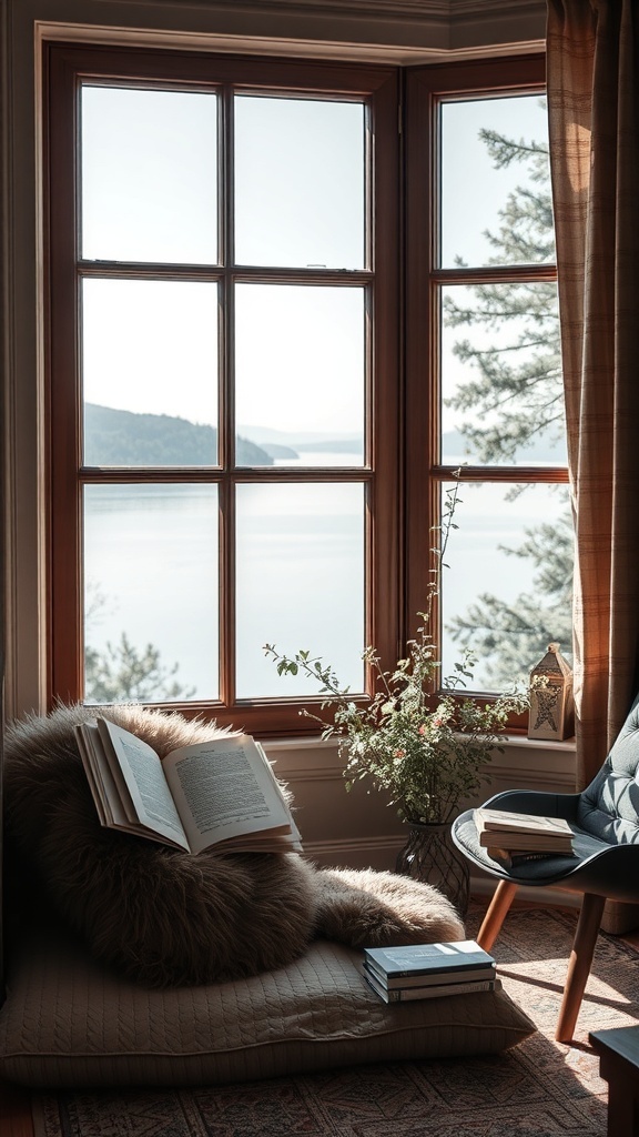 A cozy reading nook with a cushion, a book, and a view of the lake through a large window.