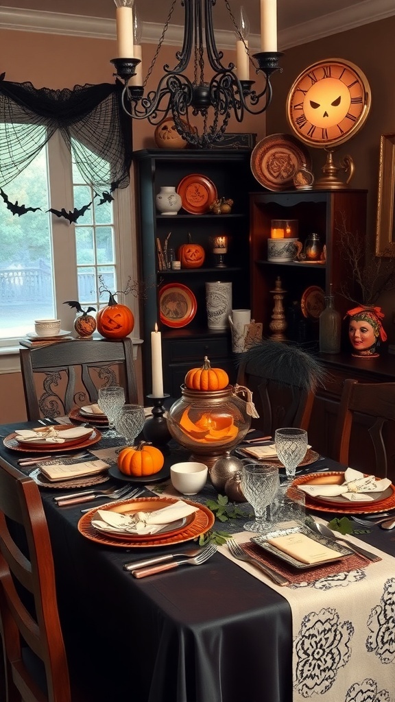 A beautifully arranged vintage Halloween tablescape with pumpkins, elegant glassware, and candlelight.