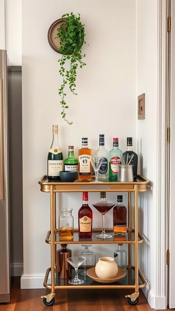 A chic bar cart setup with various bottles and a hanging plant.