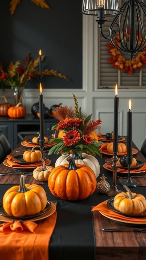 A stylish autumn tablescape featuring black and orange elements, with pumpkins, candles, and floral arrangements.