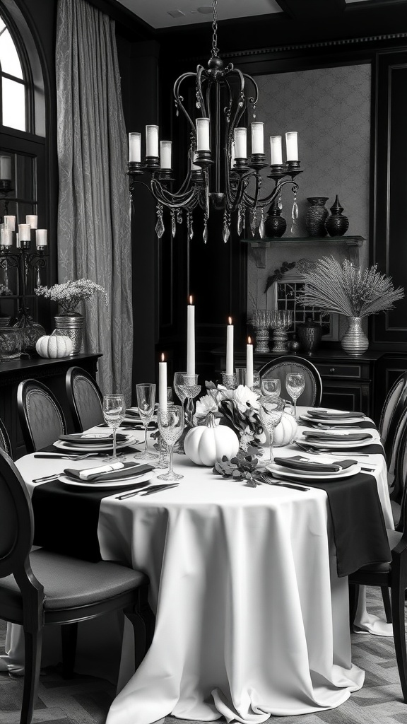 Elegant black and white Thanksgiving tablescape with candles, pumpkins, and glassware.