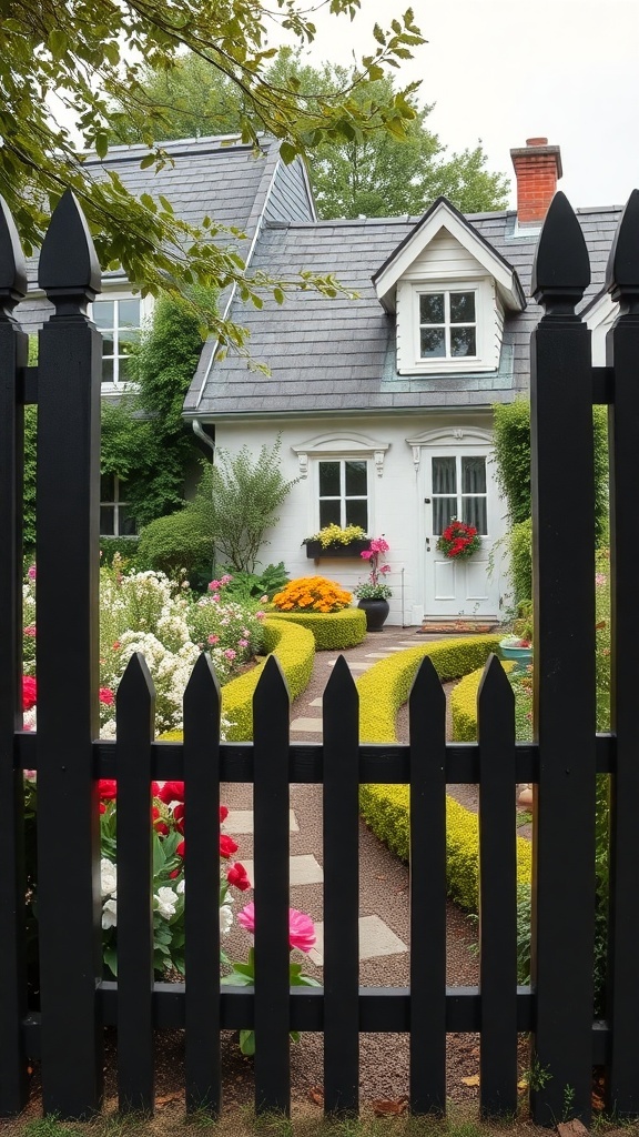 A chic black picket fence surrounding a colorful garden and a charming house.