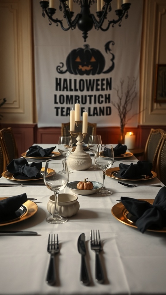 A Halloween-themed dining table with black napkins, gold plates, and a small pumpkin centerpiece.