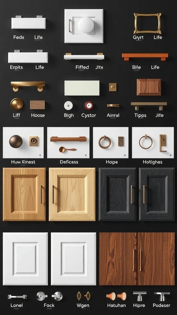 Various kitchen cabinet hardware options including knobs and pulls.