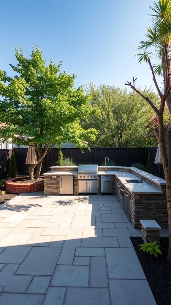 A stylish outdoor kitchen with a grill and countertop surrounded by greenery.